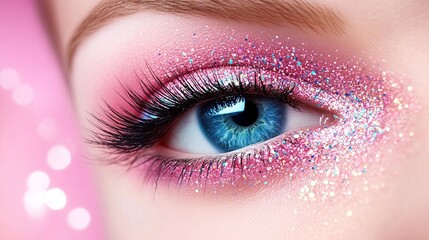 Close-up view of a beautifully decorated eye with sparkling makeup in bright colors