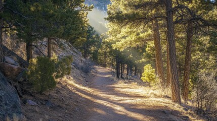 Obraz premium Scenic Nature Trail Through Lush Evergreen Forest Bathed in Morning Sunlight