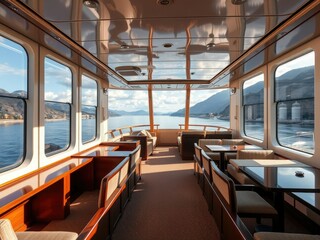 Fototapeta premium Luxury river cruise ship with large windows for taking in stunning views, private balconies, and spacious cabins, luxury river cruise, formal dining area