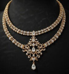 Luxurious diamond studded gold necklace on a black velvet background, velvet texture, regal