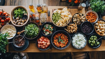 Fototapeta premium Aerial shot of a gourmet meal in preparation with vibrant ingredients and elegant plating techniques.