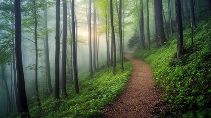 Serene Forest Pathway Surrounded by Lush Green Trees and Misty Atmosphere at Sunrise