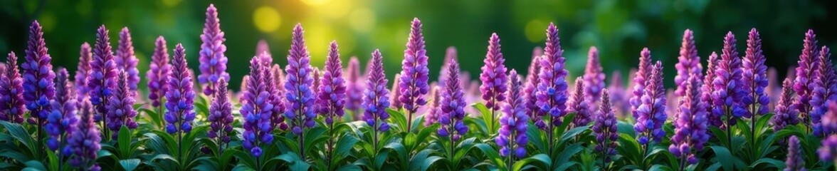Dense purple flower border with full green foliage , lush, dense, green