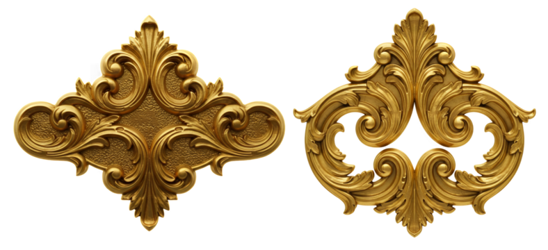Ornate Gold Architectural Ornament Pair isolated on white or transparent png background