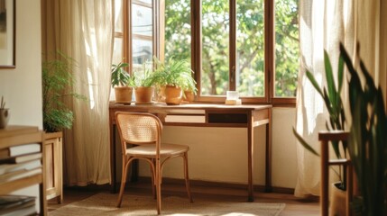 Desk Setup with Indoor Plants Near Window Creates Home Office Interior