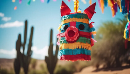 Colorful pinata and blue sky in the background.
