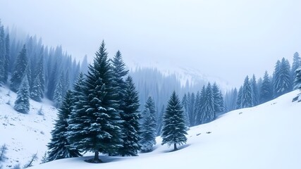  A snowy winter mountain range with pine trees blanketed in snow, as soft snowflakes fall from the sky, creating a serene winter