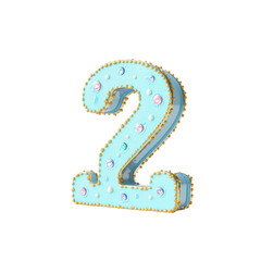 Naklejka premium 3D Render of a Pastel Blue Number Two with Gold and Jewel Decorations - Perfect for Birthday or