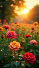 Fototapeta premium Golden sunrise bathes vibrant wild roses in lush meadow , wild roses, bright, fresh