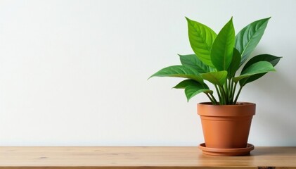 Fototapeta premium Green plant in terracotta pot on wooden table against white wall, stock photo, bright, wood