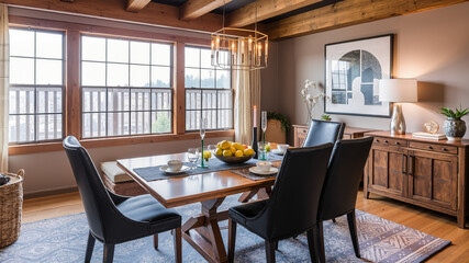 Fototapeta premium Hosting-ready dining room, cozy living room hosting setup, minimalist hosting table