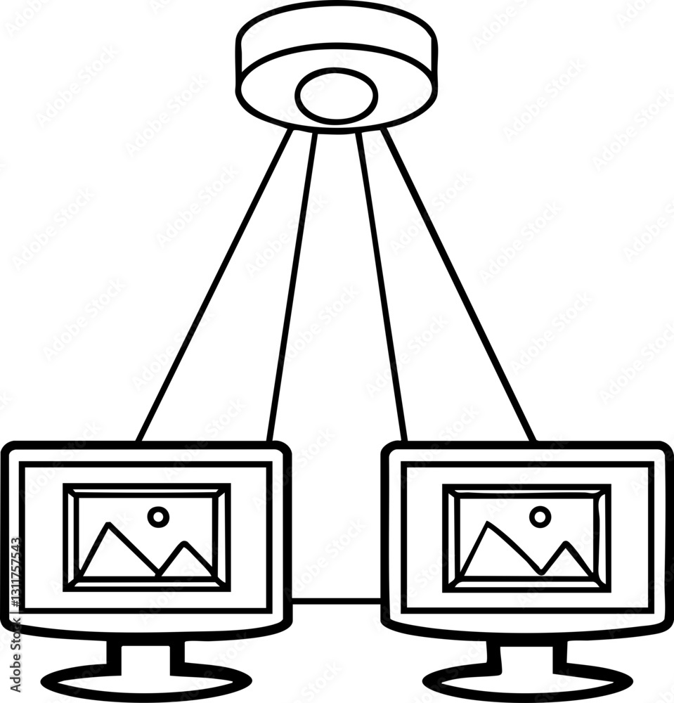 Poster two computer monitors display images, connected by a light source above, symbolizing technology and 