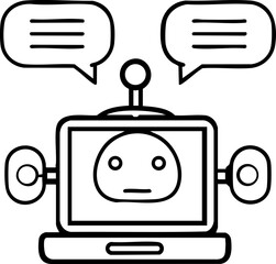Naklejka premium A simplistic illustration of a robot displayed on a computer screen, featuring speech bubbles that suggest communication.