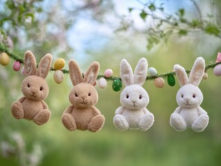 Obraz premium Tiny stuffed bunny hanging among other little bunnies, representing a holiday celebration