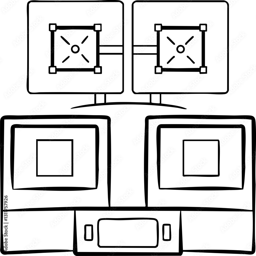 Poster a simple illustration of interconnected screens or panels, resembling a digital interface layout wit