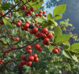 Mature Eleutherococcus senticosus bush with ripe berries, eleutherococcus senticosus, leaves, black berries