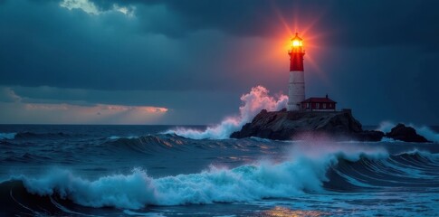 Fototapeta premium Lighthouse beam cuts through dark, stormy waves , silhouette, illumination, turbulent