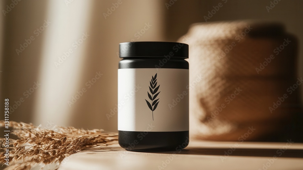 Aufkleber elegant minimalist spice jar design showcasing black and white herbal branding with a natural settin