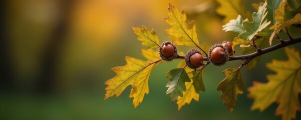 Mature oak branch, heavy with ripe acorns and browning autumn leaves , environment, mellow