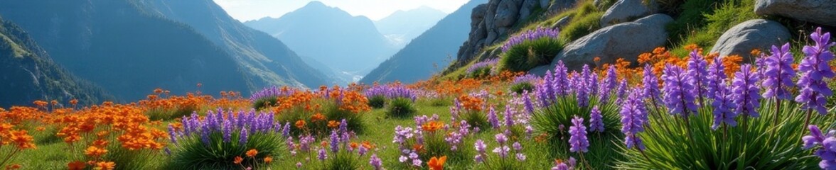 Obraz premium Purple wildflowers crown rocky outcrop near vibrant orange & purple blooms , hill, wild