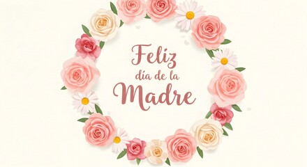 Elegant Mother's Day card for Spain with a round floral frame, pastel colors, handwritten text, light textured background, warm and festive design.
