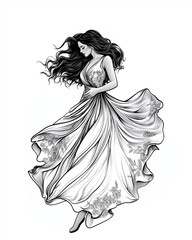 Fototapeta premium Ethereal woman with wavy hair and delicate features in a flowing silk gown with floral motifs, engraving and scratch board style sketch, black and white illustration