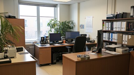 Well-lit Office Interior with Desks, Computers, and Filing Systems