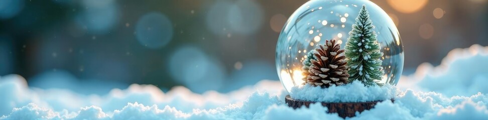 Miniature pinecones and snowflakes inside a clear glass globe suspended in air, sparkling snowflakes, miniatures, snowy background