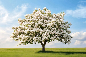 Delicate white and pink flowers adorn the branches of a blooming apple tree, basking in soft sunlight against a stunning blue sky. Spring reveals its beauty and charm in nature's canvas
