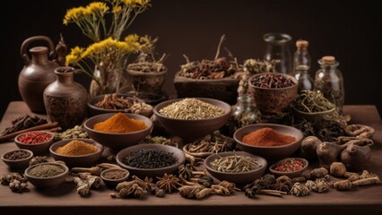 Fototapeta premium Chinese Herbal Medicine Ingredients on Table