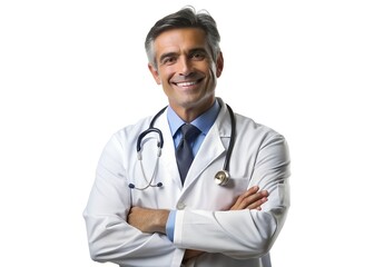 Fototapeta premium Doctor in a white lab coat, wearing stethoscope, confident and friendly expression, health professional, isolated on a white background