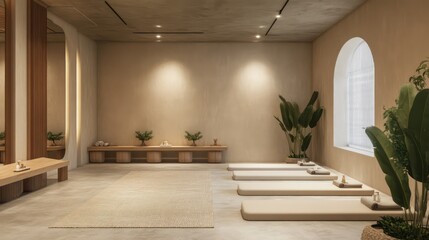 Elegant fitness studio launch with minimalist decor, yoga sessions, herbal drink stations, and wellness product showcases