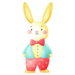 A cheerful cartoon bunny dressed in colorful clothing with a bow tie, exuding a playful and friendly demeanor.