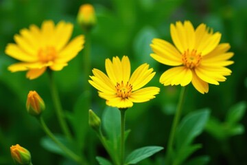 Obraz premium Three vibrant yellow blooms in lush garden bed, outdoor, detail, beauty