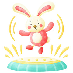 A cheerful cartoon rabbit jumps playfully on a colorful trampoline, exuding joy and energy.
