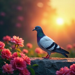 Tippler pigeon drinking, sunrise floral backdrop, graceful, peaceful