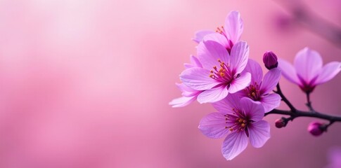 Fototapeta premium Vibrant purple blossoms against soft pink backdrop, pink flowers, macro