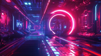Futuristic Neon Corridor in a Cyberpunk Spaceship with Pink and Blue Lights