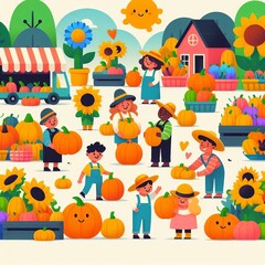 Obraz premium Flat cheerful villagers trade oversized pumpkins and sunflowers