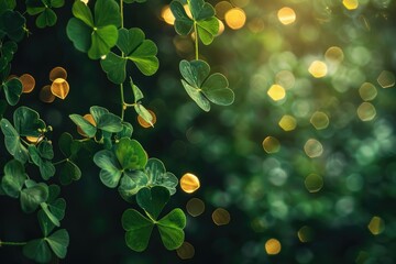 green leaves shamrock branches with golden bokeh on dark green background