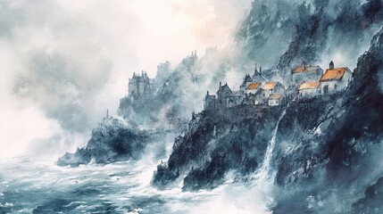 A captivating digital painting of a foggy coastal village clinging to steep cliffs. The swirling mist and dramatic waves crashing against the cliffs enhance the eerie and isolated atmosphere.. AI
