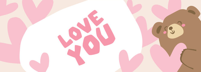 Happy Valentine's Day Pink Banner Bear and Heart. Cute Hand Drawn Graphics for Card, Banner, Poster Design