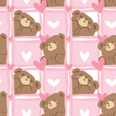 Seamless pink pattern with cute brown bears and hearts on a rough checkered background. Baby blanket plaid, print for girls, naive style
