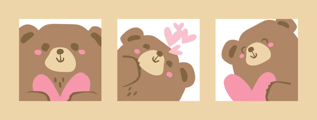 Valentine's Day square cards. Sticker set with Cute Brown Bears