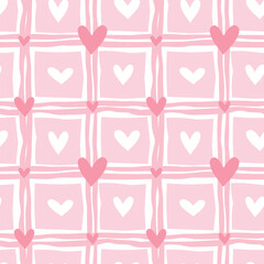 Monochrome pink seamless pattern with hearts. Naive style Rough checkered background