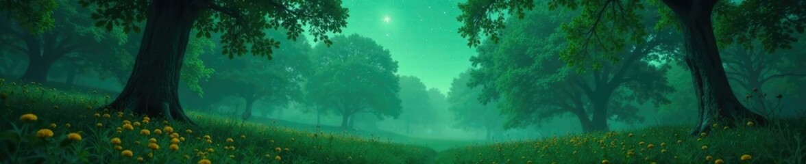 Fototapeta premium Misty forest with greenery, yellow wildflowers, and twinkling green stars in the night sky, woodland, starry night