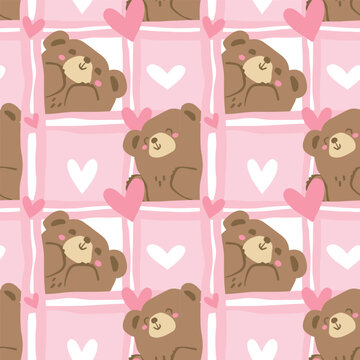 Seamless pink pattern with cute brown bears and hearts on a rough checkered background. Baby blanket plaid, print for girls, naive style