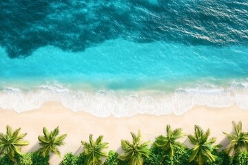 Obraz premium Aerial top view on sand beach,palm tree and ocean