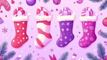 Festive Christmas Stockings with Candy Canes and Holiday Decorations