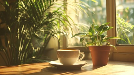 potted plants and a cup of drink on the table
